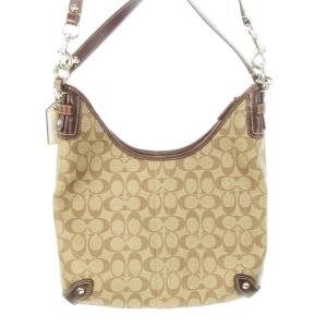 COACH ショルダーバッグ 2way レザー PVC シグネチャー ロゴ ライン 総柄 茶 ブラウン F14476