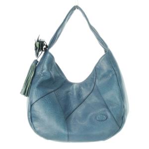 ハンドバッグ ワンハンドル ワンショルダー レザー 本革 パッチワーク コサージュ付き ロゴ 青 ブルー