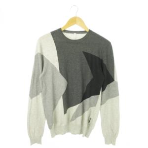 ニット セーター クルーネック 長袖 コットン 総柄 配色 ロゴ M グレー /AO9 GY11