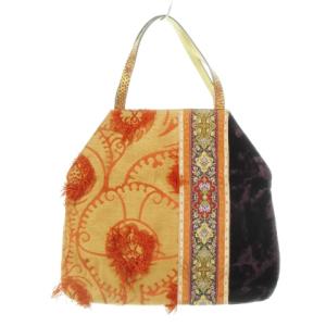 ETRO ハンドバッグ ベロア キャンバス ジャガード フリンジ 切り替え レザーハンドル 総柄 オレンジ 紫 パープル