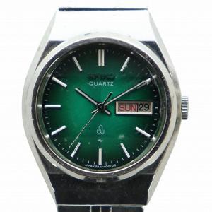 ジャンク品 腕時計 ウォッチ クォーツ カレンダー付き デイト 緑文字盤 カットガラス シルバー色 2623-0010