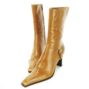 ハーフブーツ ロングブーツ レザー 革 スクエアトゥ ベルト ロゴ 38 24.5cm 茶 ブラウン 7013