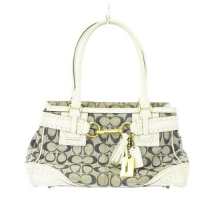 ミディアムキャリーオール ハンドバッグ デニム シグネチャー 切り替え レザー 白 ホワイト 青 ブルー