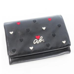二つ折り財布 ウォレット 小銭入れあり レザー 革 刺繍 ハート ロゴ 黒 ブラック /CK24 GY18