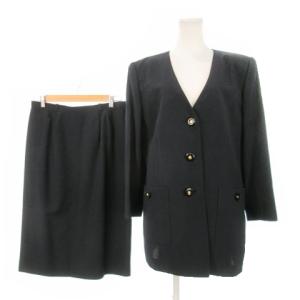 スーツ セットアップ 上下 ノーカラージャケット タイトスカート ウール混 薄手 11号 黒 濃紺 ブラック