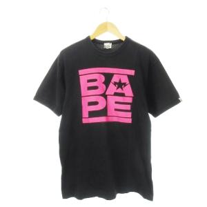A BATHING APE ネイビー マフラー ロゴプリント　迷彩 サル 迷彩 カレッジロゴ プリント Tシャツ カットソー 半袖 L 黒
