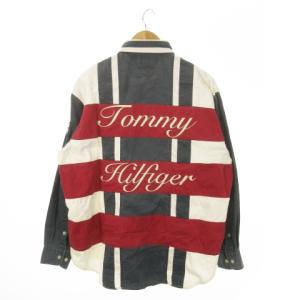 ボタンダウンシャツ 長袖 コットン ヴィンテージ加工 切替 バック刺繍 ロゴ L 白 ホワイト 紺 ネイビー