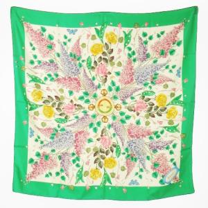 スカーフ シルク 絹 大判 スプリングフラワー バラ ローズ スズラン 蝶 ロゴ インターロッキング 緑