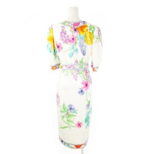 LEONARD ワンピース ロング 七分袖 ベルト付き 花柄 チューリップ ヒアシンス スプリングフラワー L 白 アイボリー