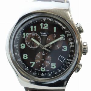 腕時計 ウォッチ クォーツ クロノグラフ カレンダー付き ロゴ レザーベルト 黒文字盤 シルバー色 茶