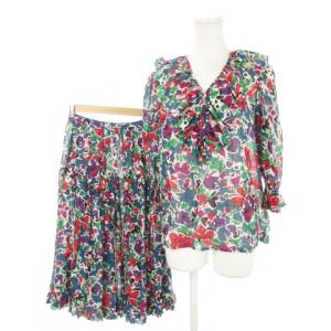 ヴィンテージ セットアップ 上下 七分袖 ブラウス ロング スカート フリル 花柄 ロゴ 総柄 M S