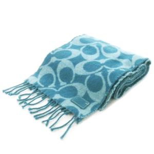 COACH マフラー フリンジ ウール インターシャ シグネチャー ロゴレザー 青 ブルー /MN6 GY11