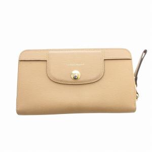 長財布 小銭入れあり レザー ロゴ ラウンドファスナー ゴールドカラー金具 ベージュ /FF GY11