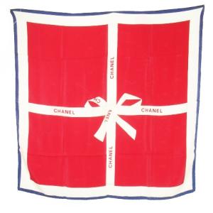 スカーフ 大判 スクエア シルク 絹 リボン柄 ギフト ジャカード ロゴ 赤 レッド 紺 ネイビー /CK7