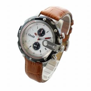 D&G 腕時計 ウォッチ クォーツ クロノグラフ カレンダー付き 白文字盤 ロゴ レザーベルト シルバー色 茶