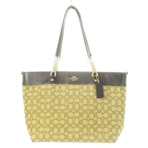 ハンドバッグ トートバッグ キャンバス ジャカード レザー 革 ロゴ シグネチャー ポーチ付き 茶 ブラウン