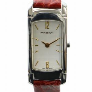 ジャンク品 腕時計 ウォッチ クォーツ スクエア 白文字盤 ロゴ レザーベルト シルバー色 赤 レッド