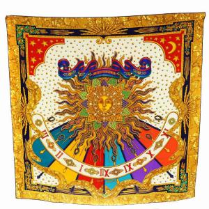 HERMES カレ90 CARPE DIEM 今日一日を楽しむ スカーフ 太陽 ロゴ 総柄 マルチカラー ゴールド色