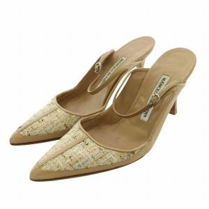 ミュール ストラップ ポインテッドトゥ レザー ツイード 35 22.5cm ベージュ 茶 ブラウン /MW