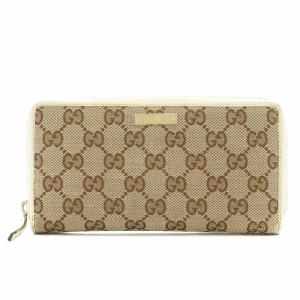 GGキャンバス 長財布 ラウンドファスナー 小銭入れあり ロゴ レザー ベージュ 307980・493075