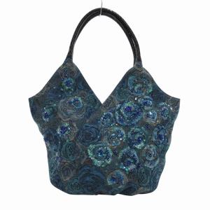 美品 ハンドバッグ 手提げ 肩掛け 花柄 スパンコール ビジュー 青 ブルー 緑 グリーン /FF GY18
