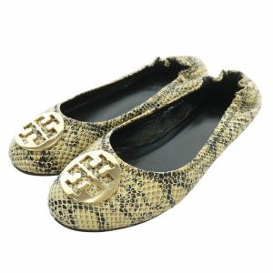 バレエシューズ パンプス フラットシューズ レザー パイソン柄 ロゴ 37 24cm ベージュ /MW