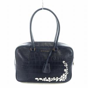 ミニボストンバッグ クロコ型押し ビジュー スワロフスキー ネイビー