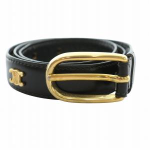 CELINE イタリア製 ベルト レザー 革 マカダム ブラゾン ロゴ ゴールドカラー 黒 ブラック /MW GY18