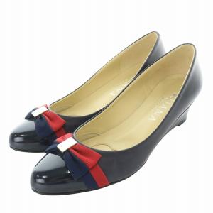 パンプス リボン エナメル レザー 23.5cm EE 紺 ネイビー /MW GY11