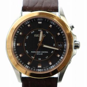 腕時計 ウォッチ ソーラー デイト カレンダー付き 黒文字盤 レザーベルト シルバー色 茶 ブラウン 7B22-0BN0