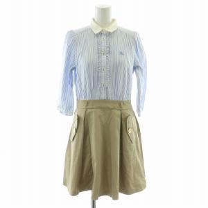 ワンピース ひざ丈 フリル 五分袖 ロゴ刺繍 切替 ストライプ 38 S ベージュ 青 ブルー 白 ホワイト