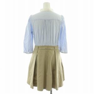 BURBERRY BLUE LABEL ワンピース ひざ丈 フリル 五分袖 ロゴ刺繍 切替 ストライプ 38 S ベージュ 青 ブルー 白 ホワイト