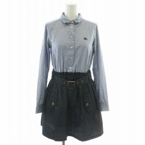 ワンピース ひざ丈 長袖  デニム オックスフォード ロゴ刺繍 切替 チェック 36 XS 青 ブルー