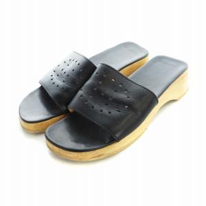 サンダル ミュール レザー ウッドソール パンチング ロゴ 38 24.5cm 黒 ブラック GY18