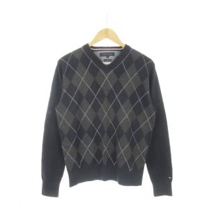 ニット セーター Vネック 長袖 カシミヤ混 アーガイル エルボーパッチデザイン M 紺 ネイビー /AH18