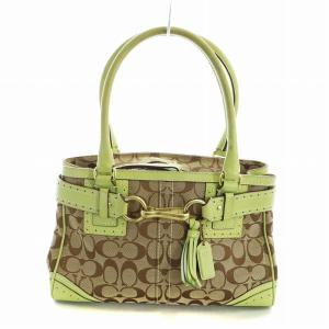 ハンドバッグ トート キャンバス レザー シグネチャー タッセル 茶 ブラウン 緑 グリーン 10507