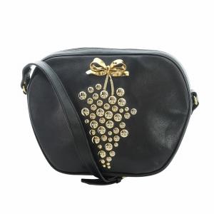 ヴィンテージ ショルダーバッグ 斜め掛け ブドウ モチーフ リボン ゴールド金具 レザー ロゴ 黒 ブラック