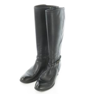 ロングブーツ ミドルヒール アーモンドトゥ レザー ベルト 23cm 黒 ブラック /AO2 GY18