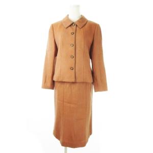 セットアップ スーツ ツイード ステンカラージャケット タイトスカート ウール コサージュ付き 9 オレンジ