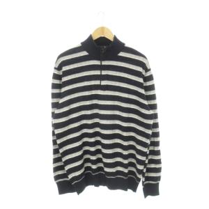 ニット セーター 長袖 ハイネック ハーフジップ ウール カシミヤ混 ボーダー 54 XL 紺 ネイビー