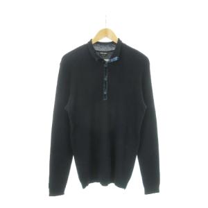 ワッフルニット セーター 長袖 ハーフボタン ハイネック ベロア ワンポイント 56 XL 紺 ネイビー