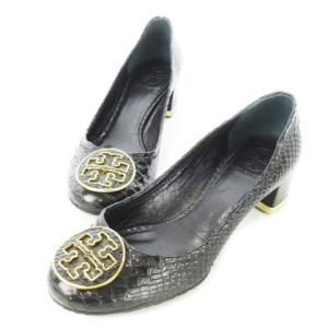 パンプス ミドルヒール ラウンドトゥ レザー 革 パイソン型押し ロゴ ゴールドメッキ 6.5 23.5cm