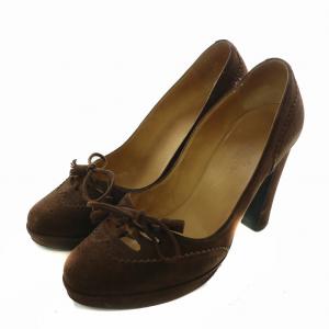 パンプス スエード ラウンドトゥ ハイヒール リボン タッセル 36.5 23.5cm 茶色 ブラウン