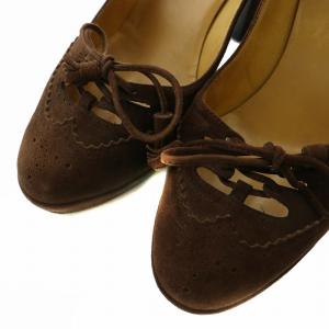 HERMES パンプス スエード ラウンドトゥ ハイヒール リボン タッセル 36.5 23.5cm 茶色 ブラウン