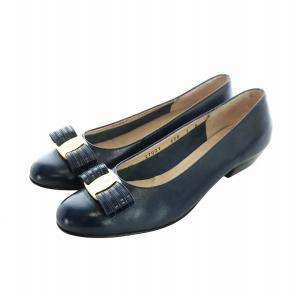 パンプス レザー ヴァラ リボン チャンキーヒール ロゴ 7 24.5cm 紺 ネイビー GY18 /MQ