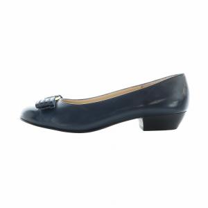 Salvatore Ferragamo パンプス レザー ヴァラ リボン チャンキーヒール ロゴ 7 24.5cm 紺 ネイビー GY18 /MQ