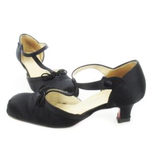 Christian Louboutin Tストラップパンプス セパレート リボン ポアント ローヒール シルクサテン 35.5 22.5cm 黒