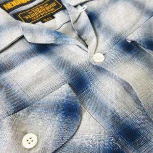 NEIGHBORHOOD B&C/R-SHIRT.LS 開襟シャツ オープンカラー 長袖 とろみ感 チェック ロゴ S 青 ブルー