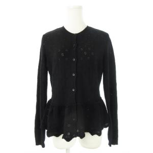 カーディガン ニット クルーネック 丸首 長袖 透かし編み フラワーモチーフ ペプラム コットン 黒 ブラック