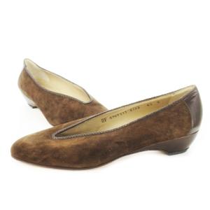 Salvatore Ferragamo ローヒールパンプス アーモンドトゥ スエード パイピング Vライン 6.5 23.5cm 茶 ブラウン